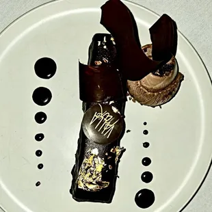 a chocolate dessert on a white plate