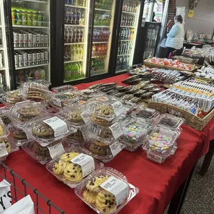 a display of cookies and pastries