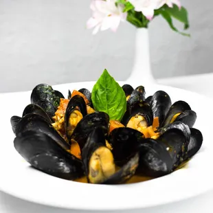 a plate of steamed mussels