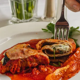 a plate of food with a fork