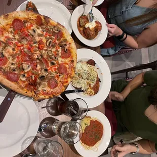 pizza, eggplant parm, house salad and meatballs!!!