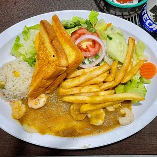 Shrimp with Ranchero Sauce and Fish Fillet Combination Plate Texas Toast French Fries