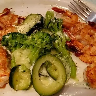 Over grilled rubber shrimp &amp; over cooked veg