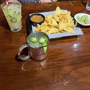 Chips, Salsa &amp; Guacamole, Jalapeño Margarita, and Mexican Mule