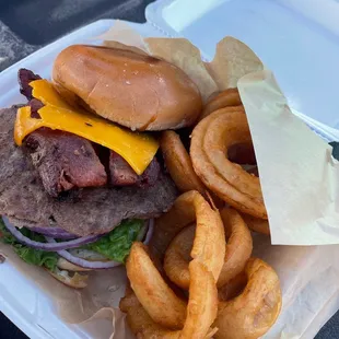 Bacon Cheeseburger and onion rings