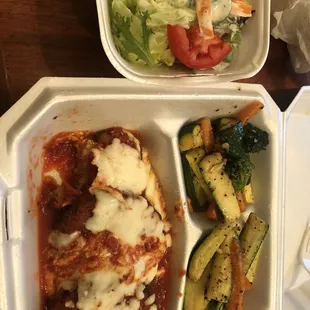 Salad, eggplant Parmesan and grilled vegetables