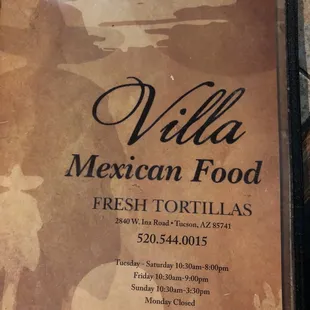 Villa Mexican Food menu as of 3/3/2020  Excellent food and service.