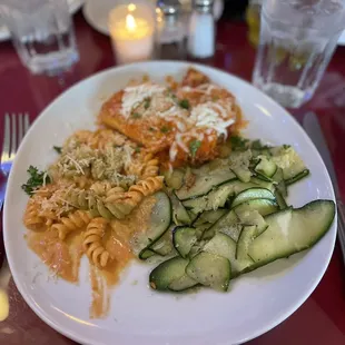 Chicken Pollo Alla Parmigiana with zucchini &amp; pasta!