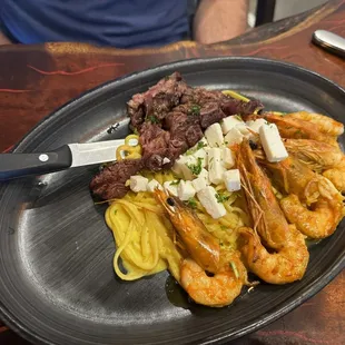 Shrimp and steak linguine
