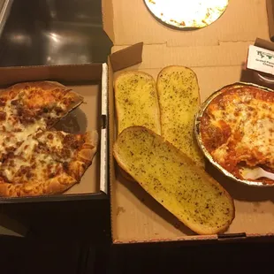 Cheeseburger pizza, ravioli and garlic bread, all for under $20 after delivery tip!