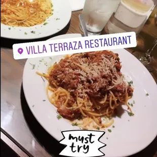 Angel Hair Pink Sauce on the left.   Spaghetti Meat sauce  on the Right.