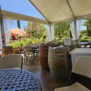 The outdoor seating in a very large tent