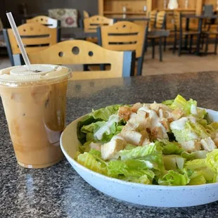 a salad and iced coffee