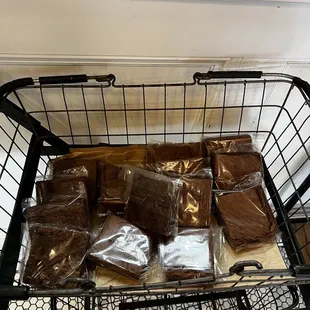 a wire basket filled with brownies