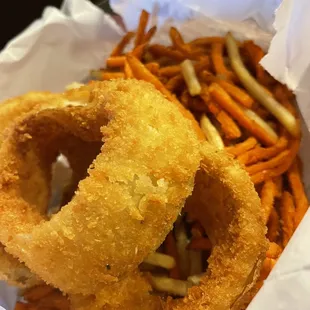 The trio (onion rings, sweet potato and regular potato fries)