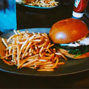 Customized Burger with Swiss cheese and regular fries