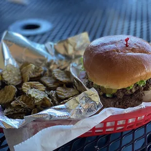 The Village Burger and Fried pickle chips.