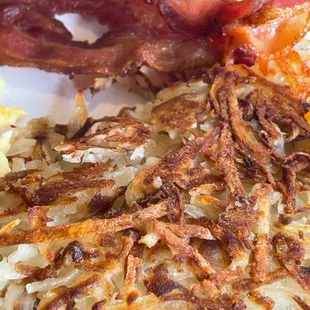 Hash Browns and Bacon (eggs and toast over to the side + coffee)