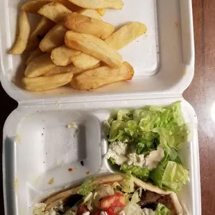 a sandwich and french fries in a styrofoam container