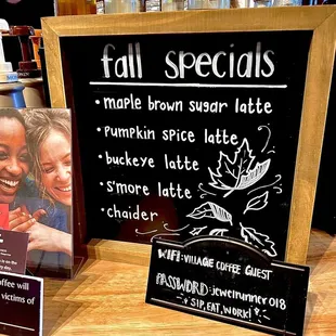 Seasonal drink menu:  Highly recommend the maple brown sugar  Five star on this drink.