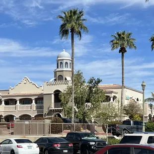 Looking from the coffee shop across the parking lot the sun was shining in the wrong spot to get the coffee  shop!