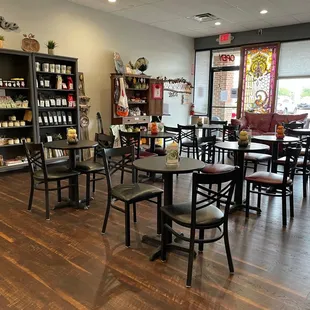 tables and chairs in a coffee shop