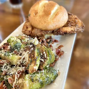 Fried Chicken Sammy side Parm Bacon Brussels