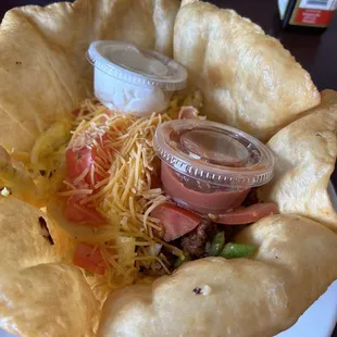 Deep fried tortilla breakfast bowl