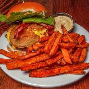 Fried green tomato burger with sweet potato fries