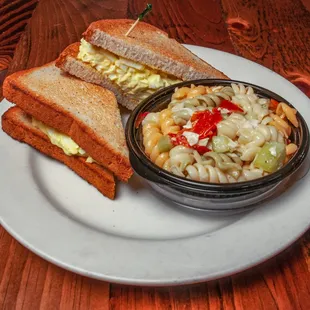 Homemade egg salad with homemade pasta salad