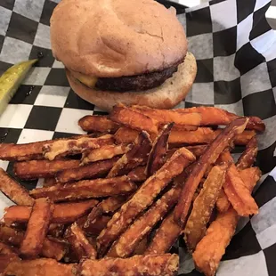 Bison burger and sweet potato fries.