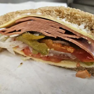 Vegan Bologna with Vegan smoked Provolone on Wheat