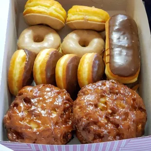 The rehab faves, apple fritters, Boston creme, maple, and chocolate.