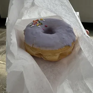 ube donut with homemade fresh frosting
