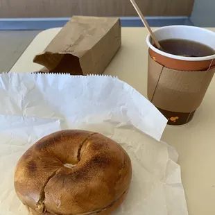 Cream cheese bagel and tea.