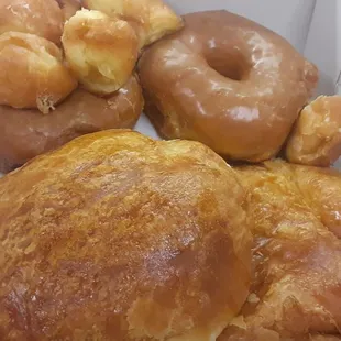 Ham and cheese croissants, maple donuts, and some added on donut holes. Yum!