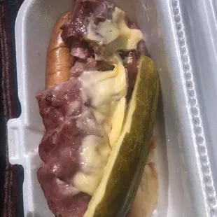 Corned Beef and Swiss Dog... with pickle