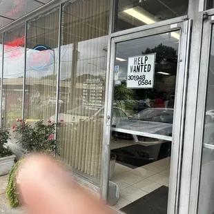 a sign in the window