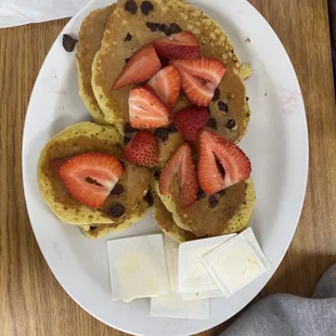 Disney chocolate chip pancakes with fruit