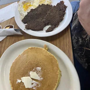 Pancakes and scrapple with OM eggs