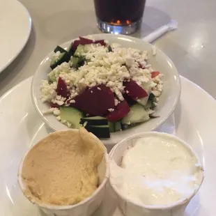 Small Greek Salad with Tiziki sauce and Hummus