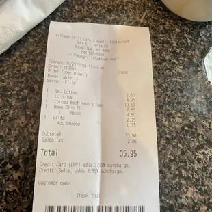 the receipt for the restaurant