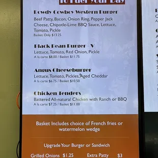 Menu Page 1:  Burgers, Chicken Tenders &amp; optional sides..