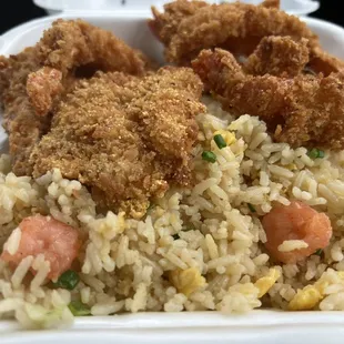 Panko shrimp and shrimp fried rice.