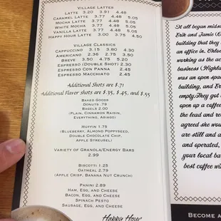 Menu - lattes, food and such.