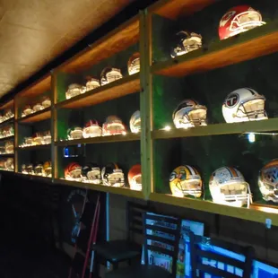 A really cool football helmet display on the right (north) end of the building.