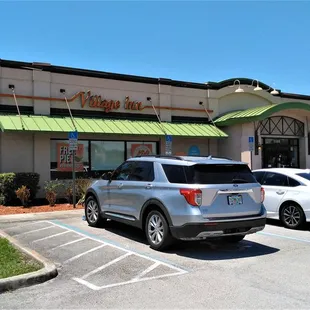 Here is another view of the Village Inn, along with the sign you want to see:  free pie (on Wednesdays).
