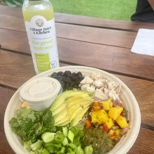 Southwest bowl + chicken and a cold pressed juice (the great hydrator)