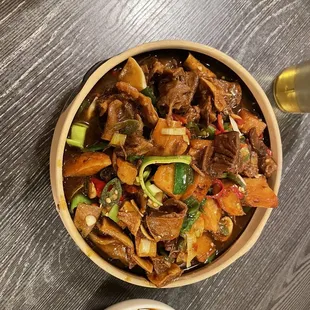 a bowl of beef and vegetables