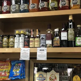 shelves of liquor and condiments